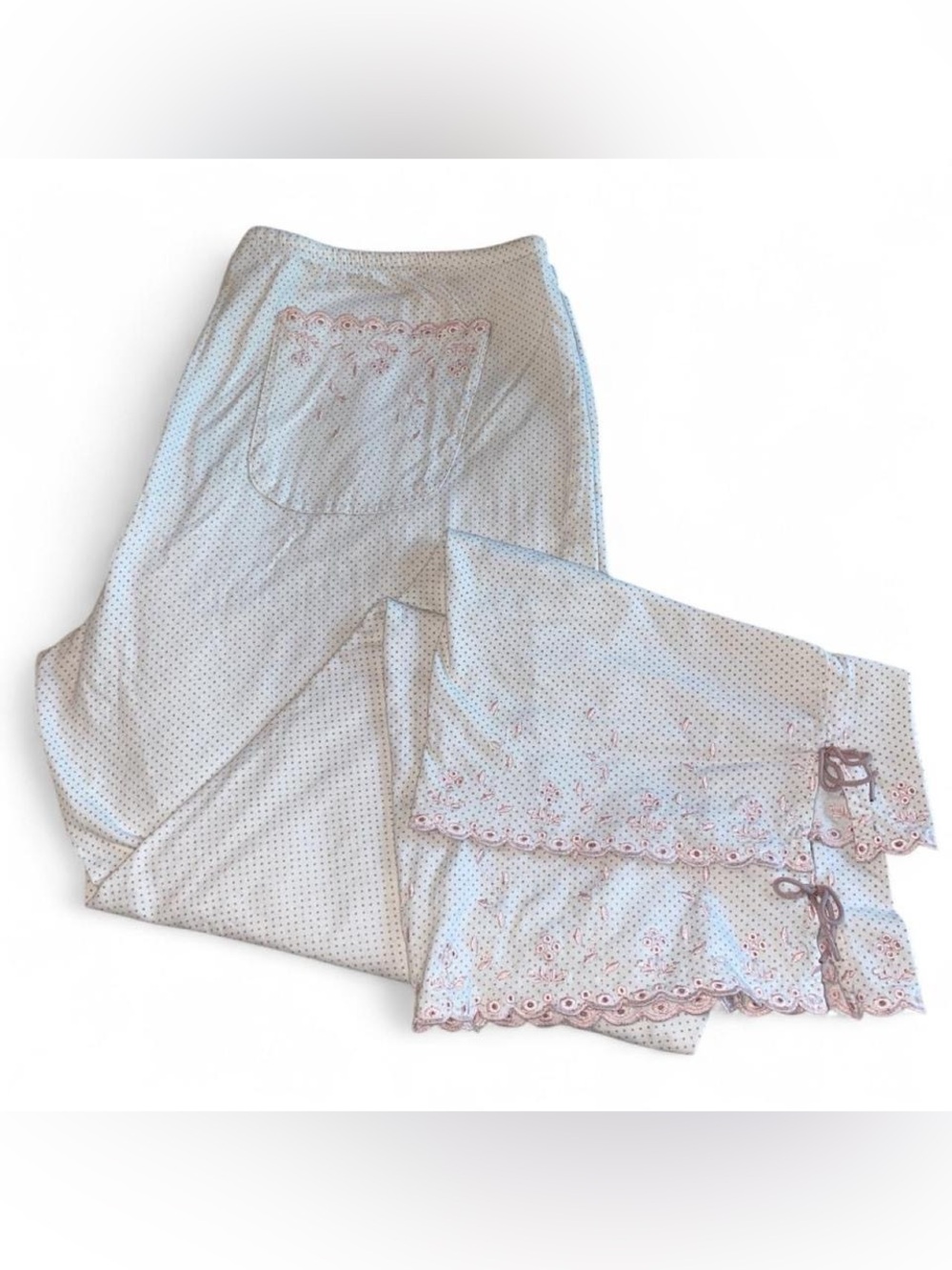 GAP Women's  Polka Dot Lounge Pants With Pink Embroidery, Lace and Bows